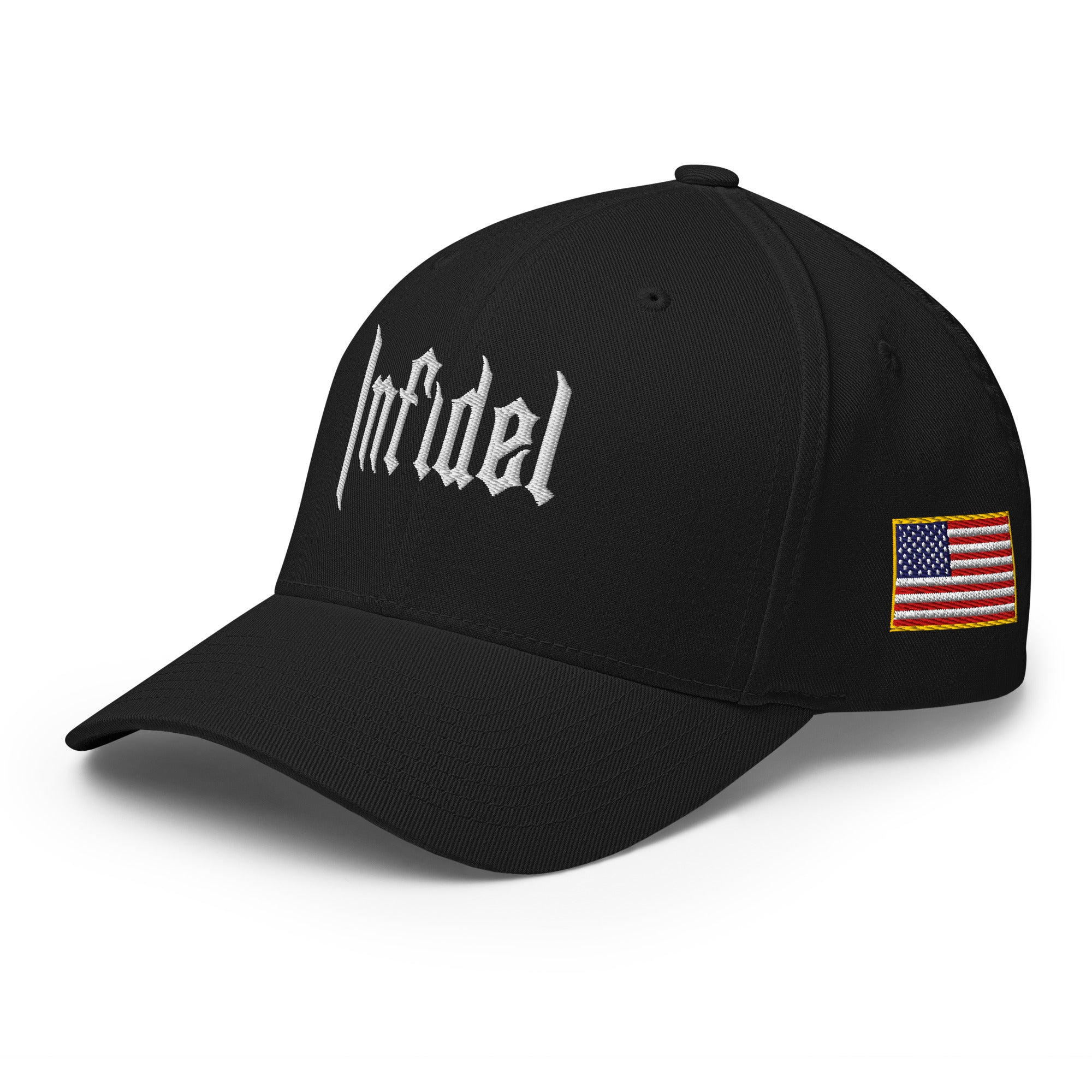 Black cap with white logo on a light gray background