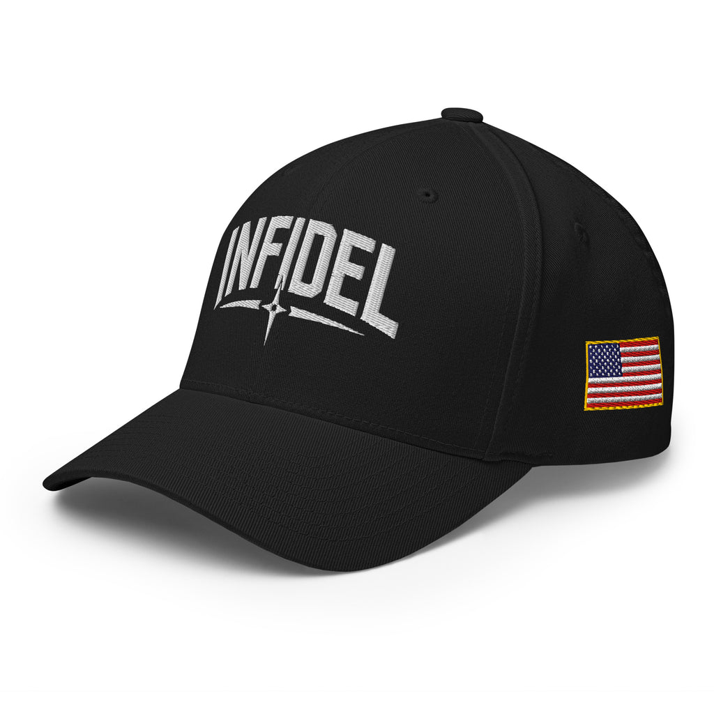 Black cap with 'INFIDEL' text and American flag patch on a white background