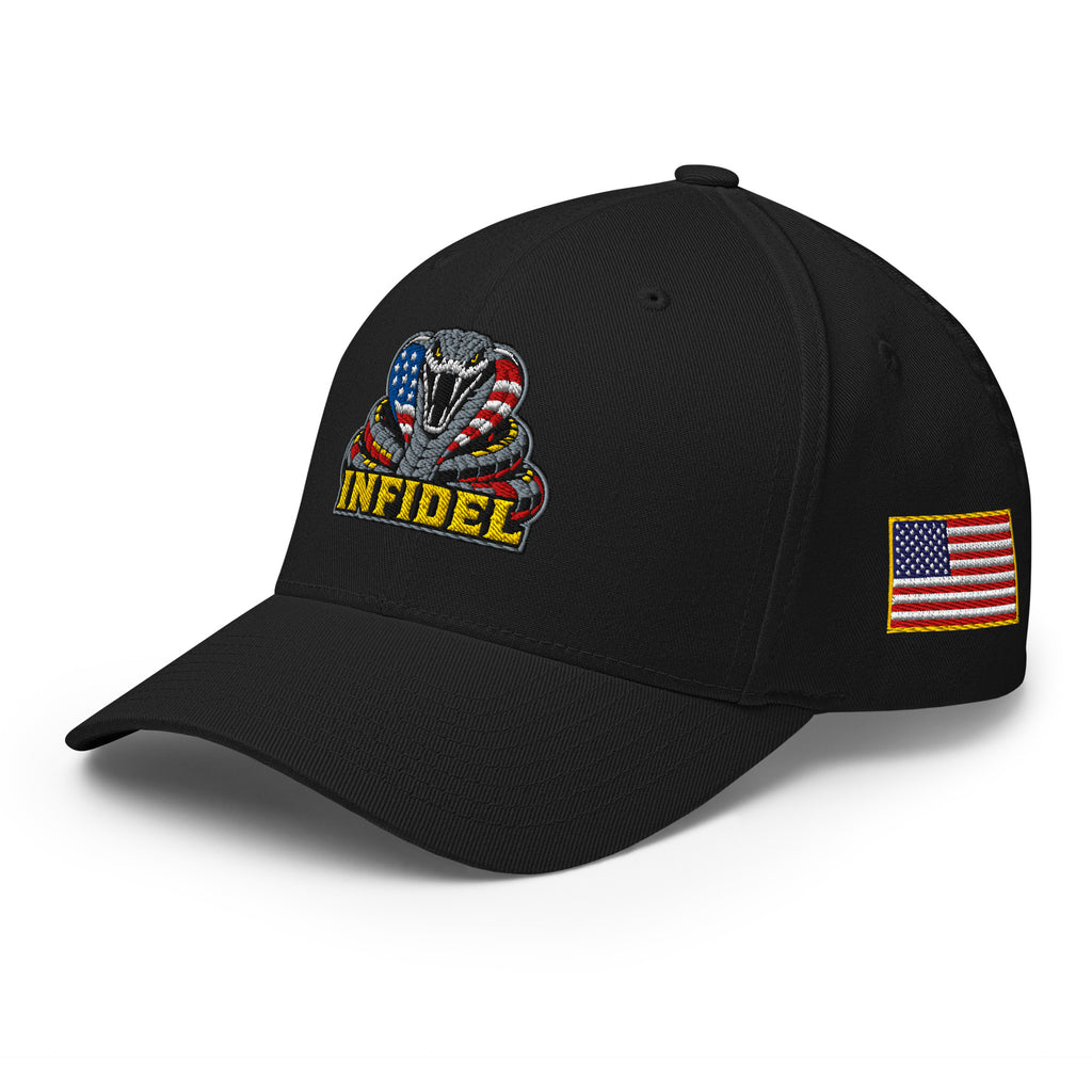 Left-front view of black Infidel USA Flag Cobra Flexfit hat