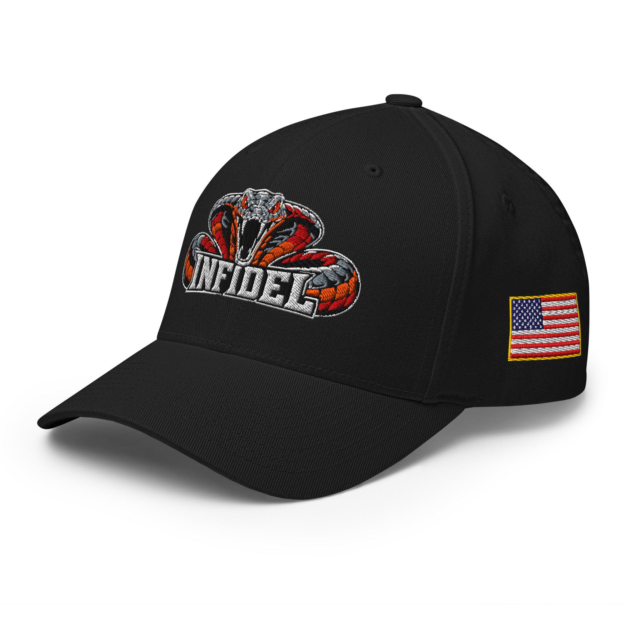 Left-front view of black Infidel Cobra King Flexfit hat