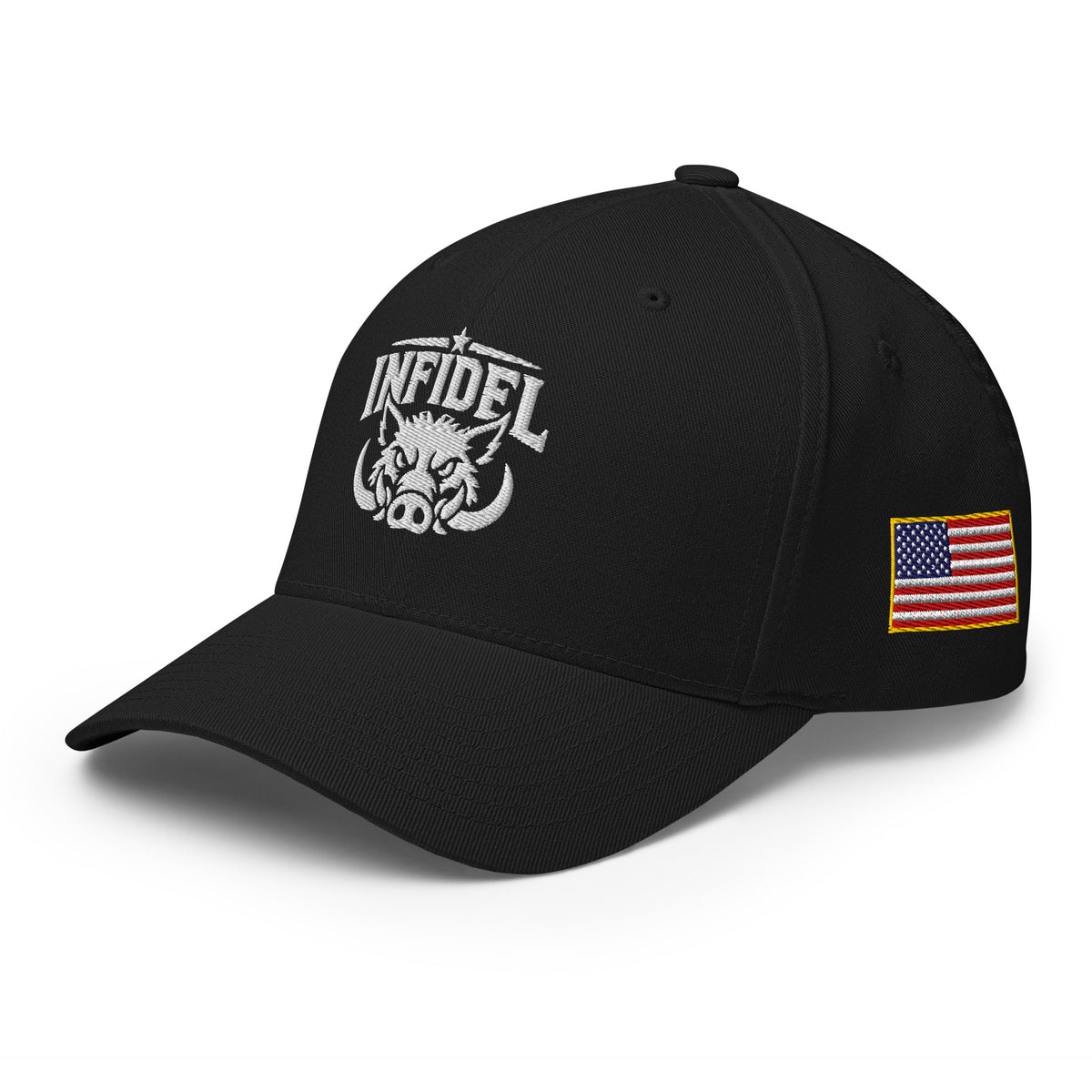 Left-front view of black Infidel War Pig Flexfit hat