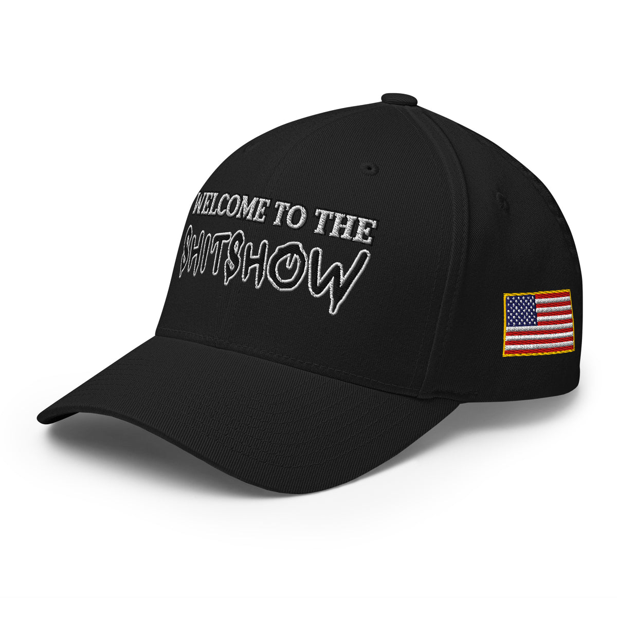 Left-front view of black Welcome to the Shitshow Flexfit hat