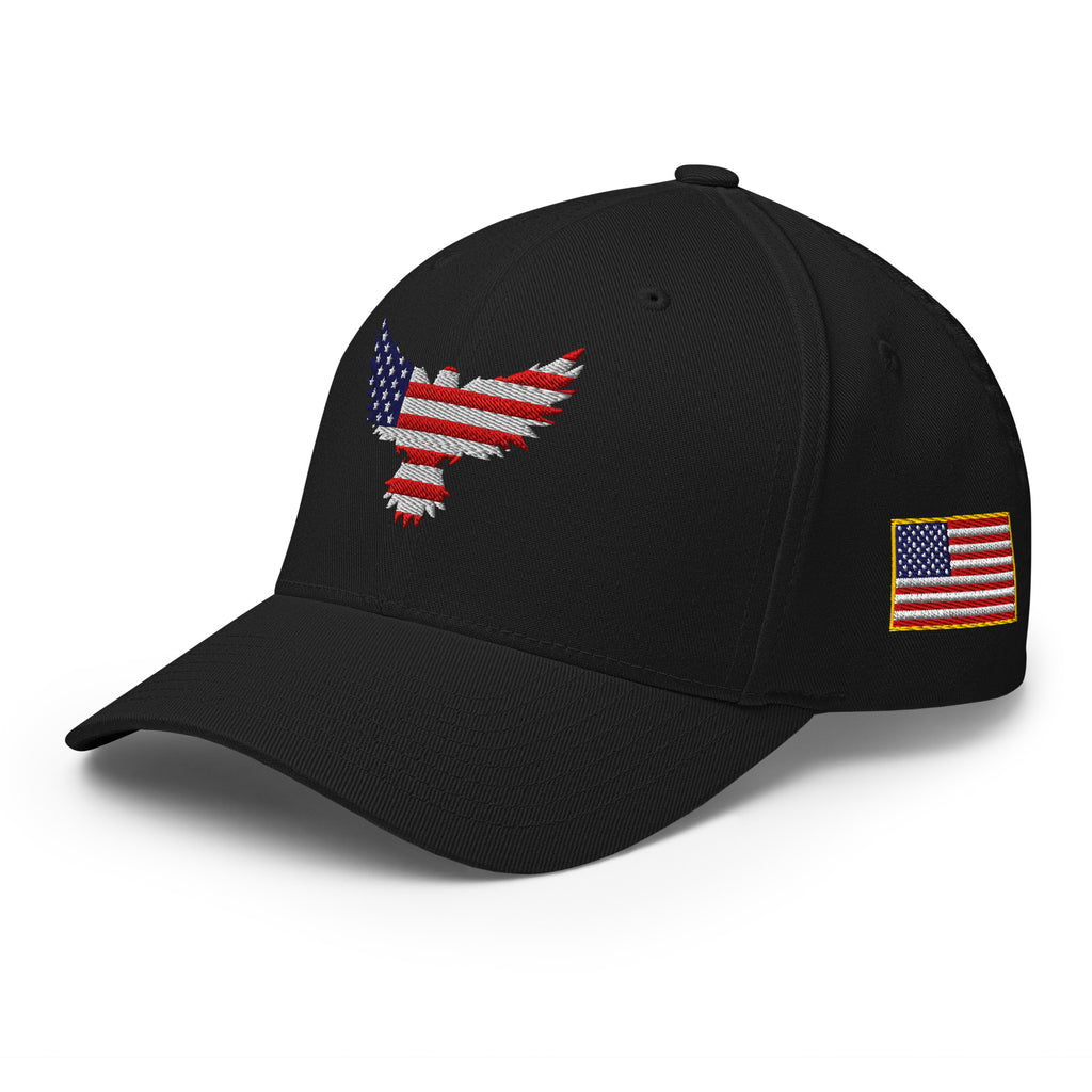 Left-front view of black Old Glory Eagle Flexfit hat