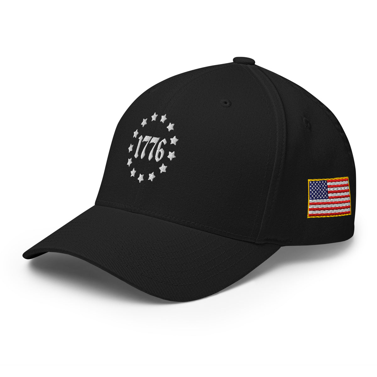 Left-front view of black 1776 Betsy Ross Stars Flexfit hat