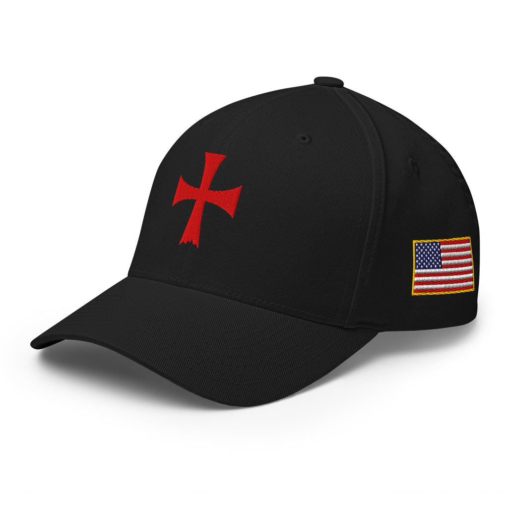 Left-front view of black Flexfit Crimson Iron Cross hat