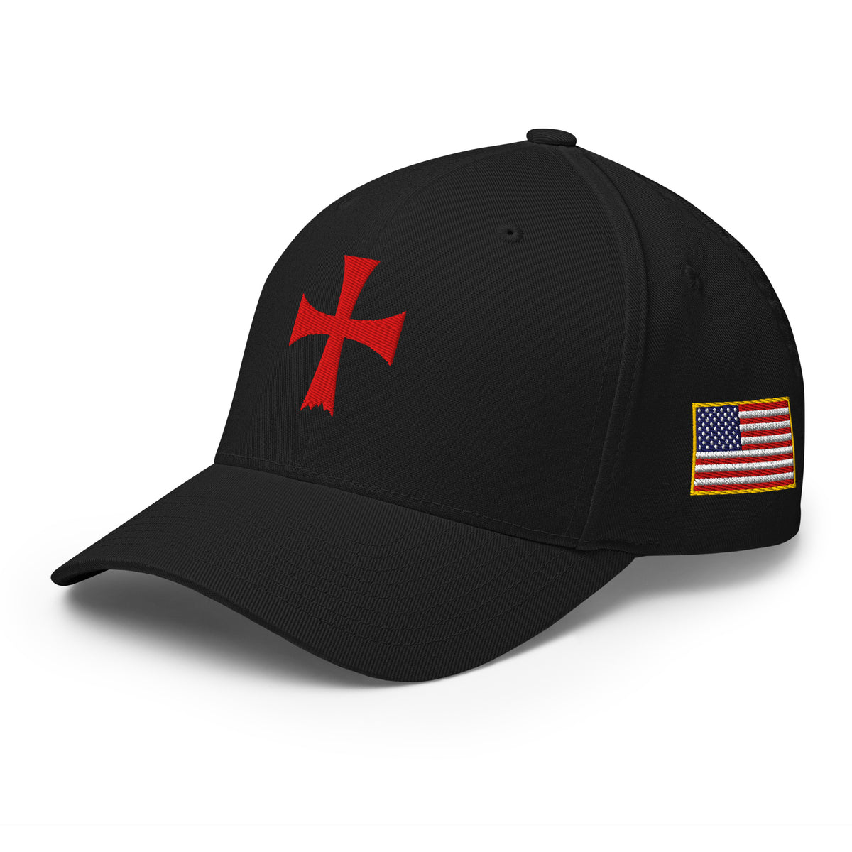 Left-front view of black Flexfit Crimson Iron Cross hat