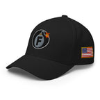 Black structured Flexfit cap with embroidered F-Bomb design, left front view