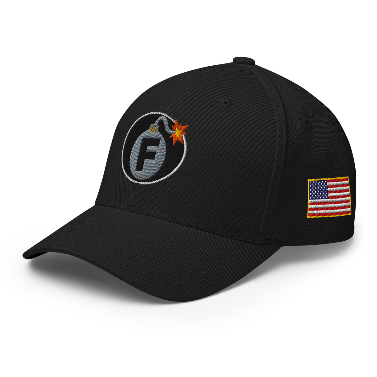 Black structured Flexfit cap with embroidered F-Bomb design, left front view