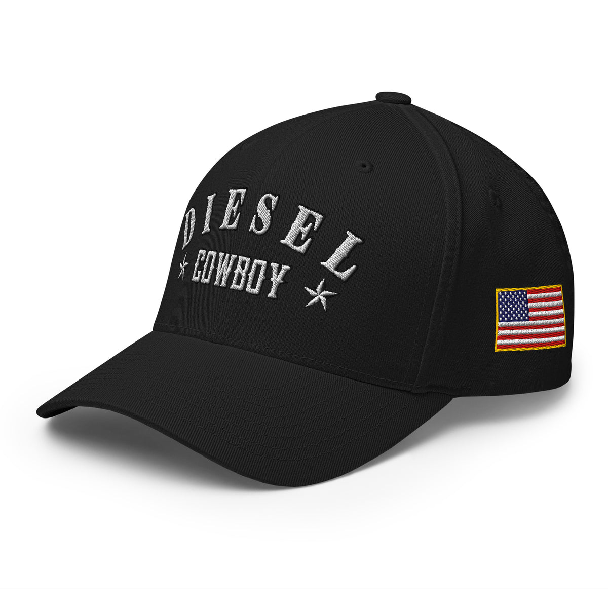 Black structured Flexfit cap with embroidered Diesel Cowboy design, left front view