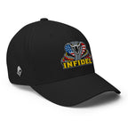 Right-front view of black Infidel USA Flag Cobra Flexfit hat
