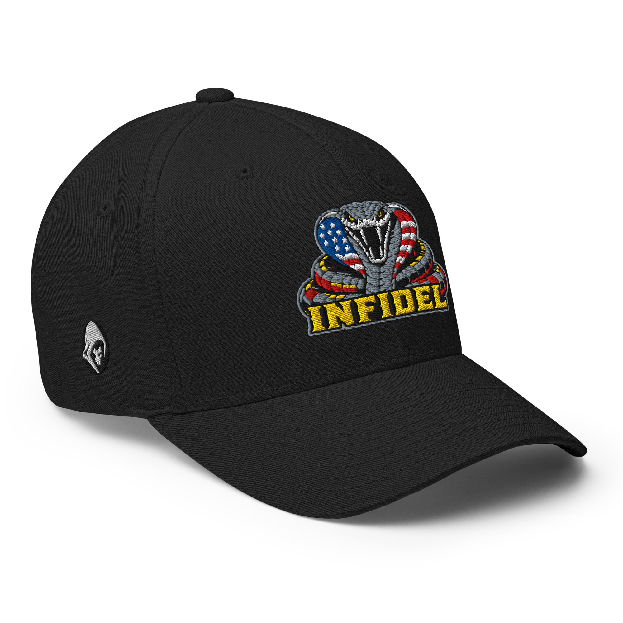 Right-front view of black Infidel USA Flag Cobra Flexfit hat