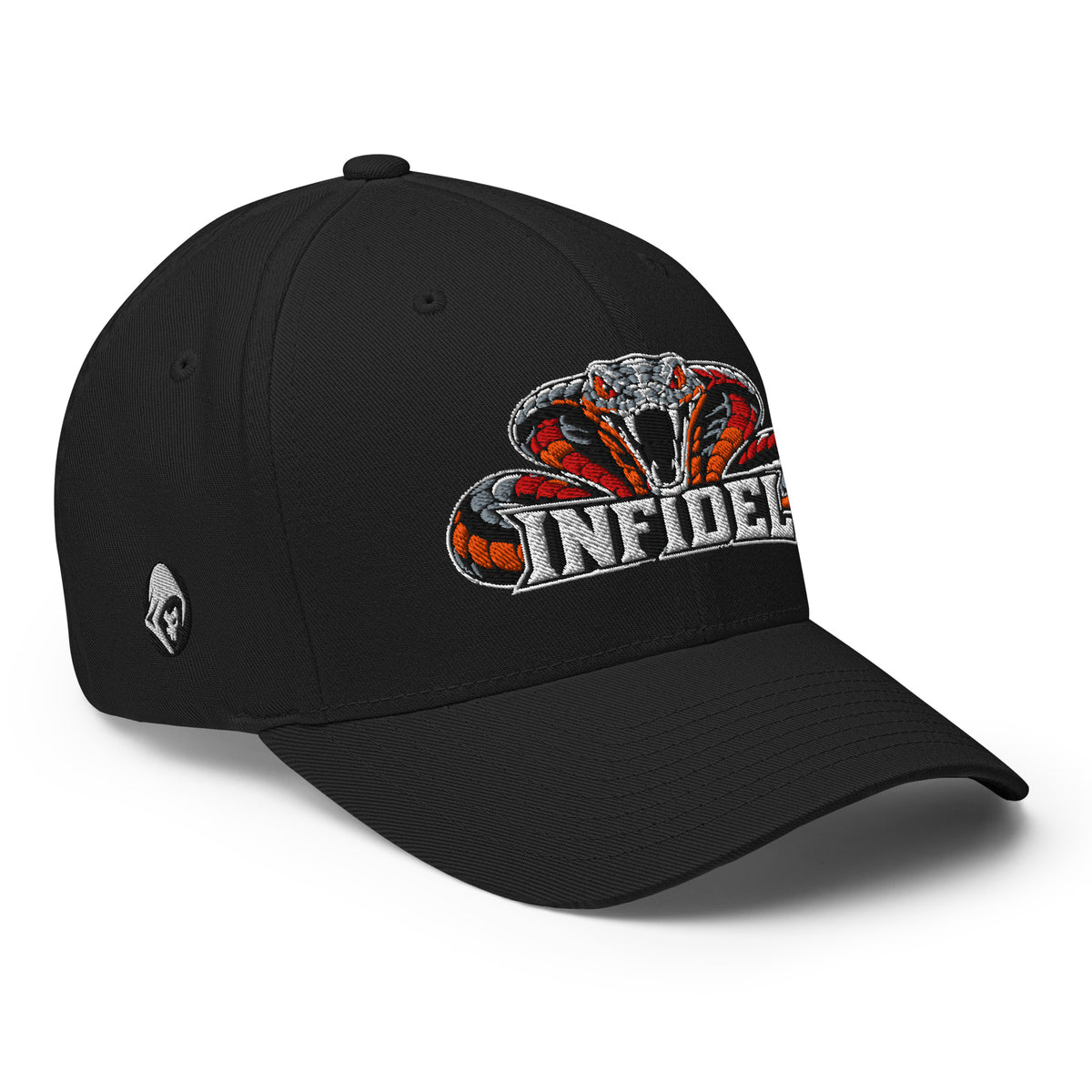 Right-front view of black Infidel Cobra King Flexfit hat