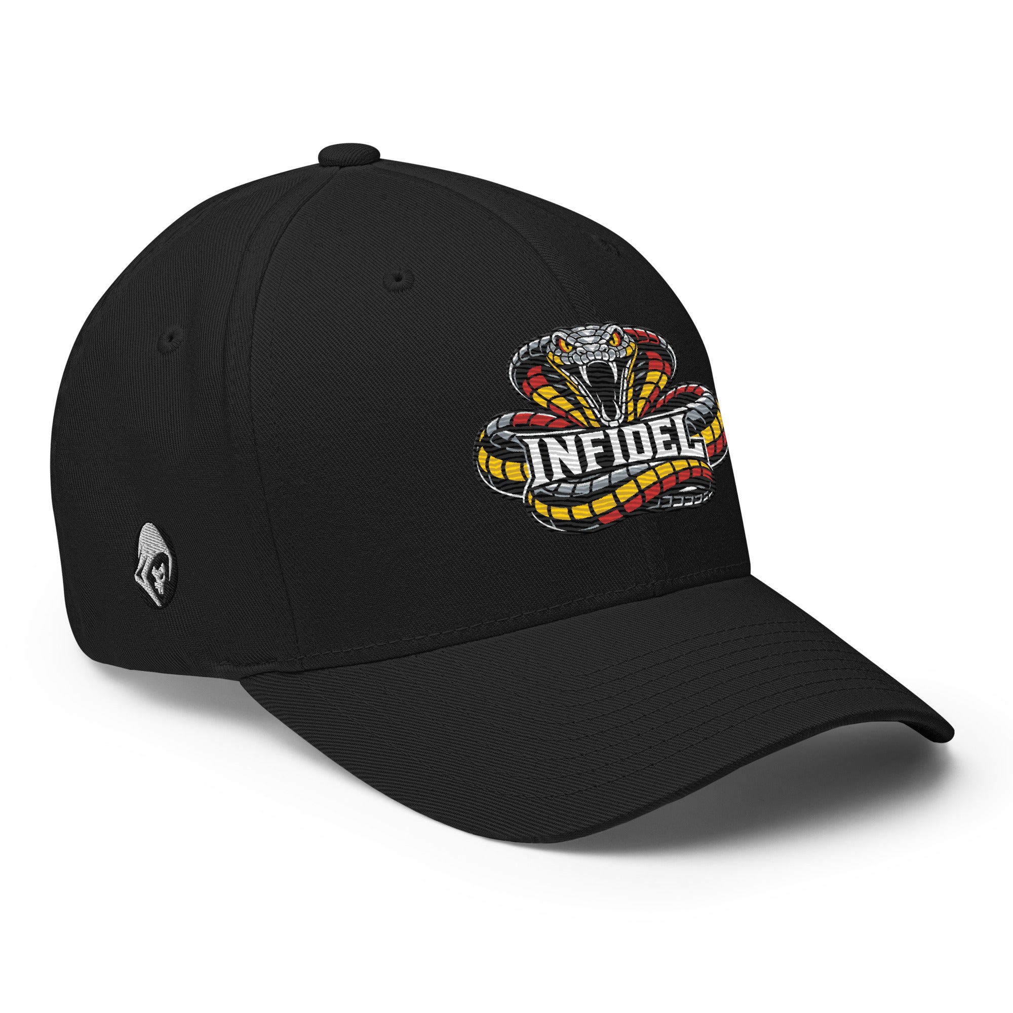 Right-front view of black Infidel Coiled Cobra Flexfit hat