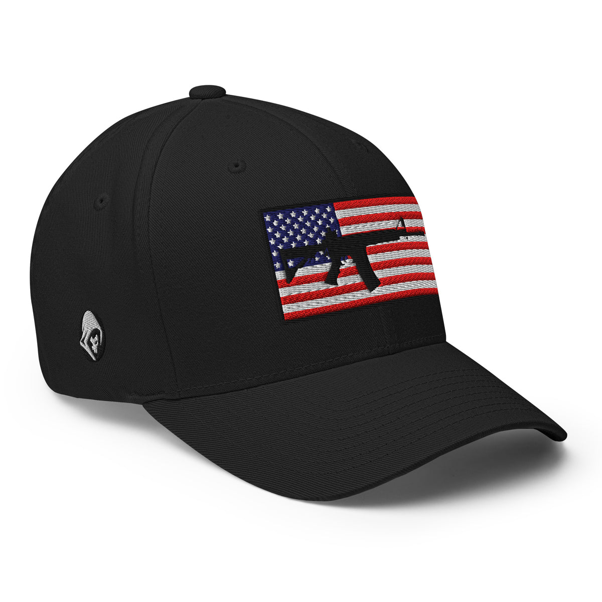 Right-front view of black AR-15 Old Glory Flexfit hat