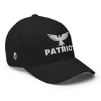 Right-front view of black Patriot Eagle Flexfit hat