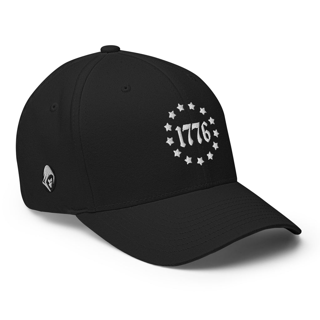 Right-front view of black 1776 Betsy Ross Stars Flexfit hat
