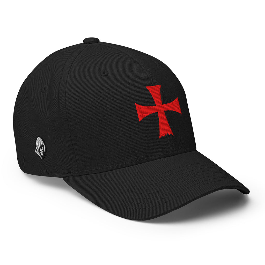 Right-front view of black Flexfit Crimson Iron Cross hat