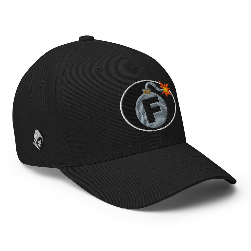 Black structured Flexfit cap with embroidered F-Bomb design, right front view
