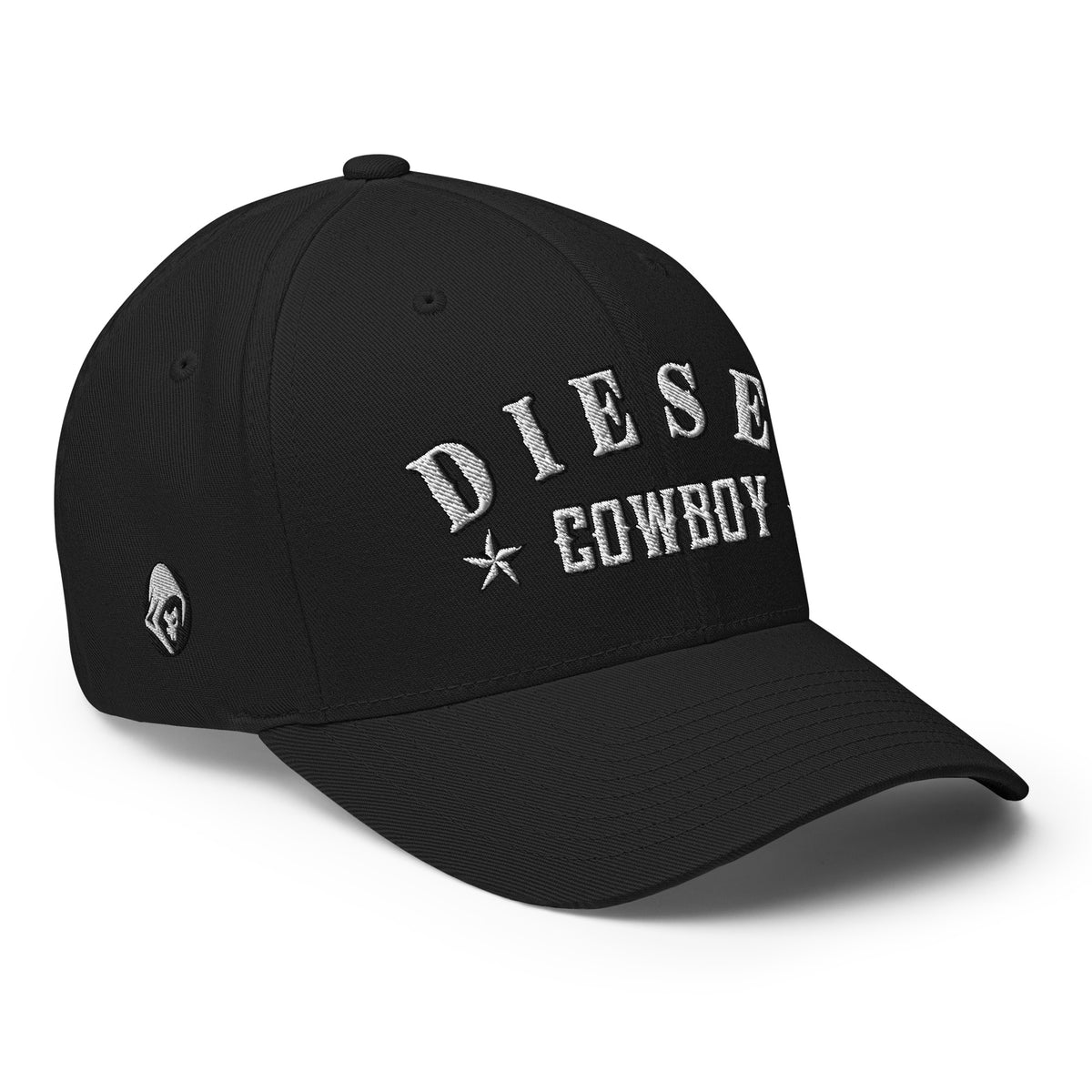 Black structured Flexfit cap with embroidered Diesel Cowboy design, right front view