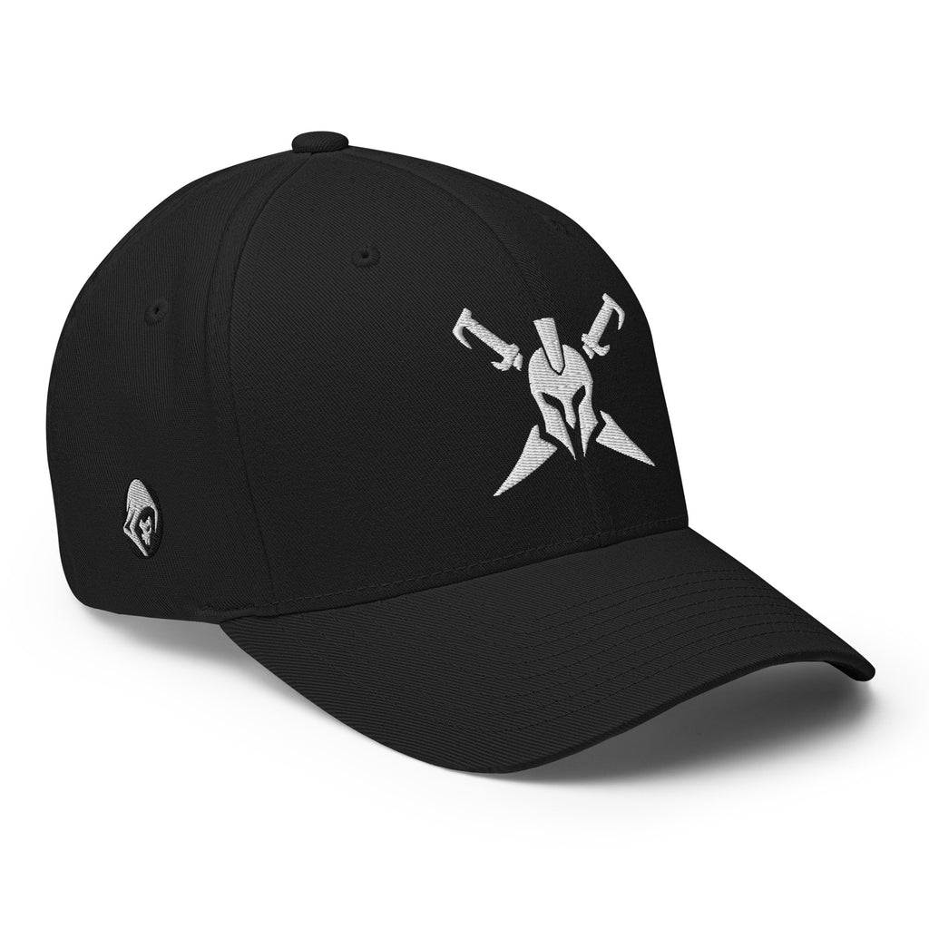 Black structured Flexfit cap, right front view with Call to Arms embroidery
