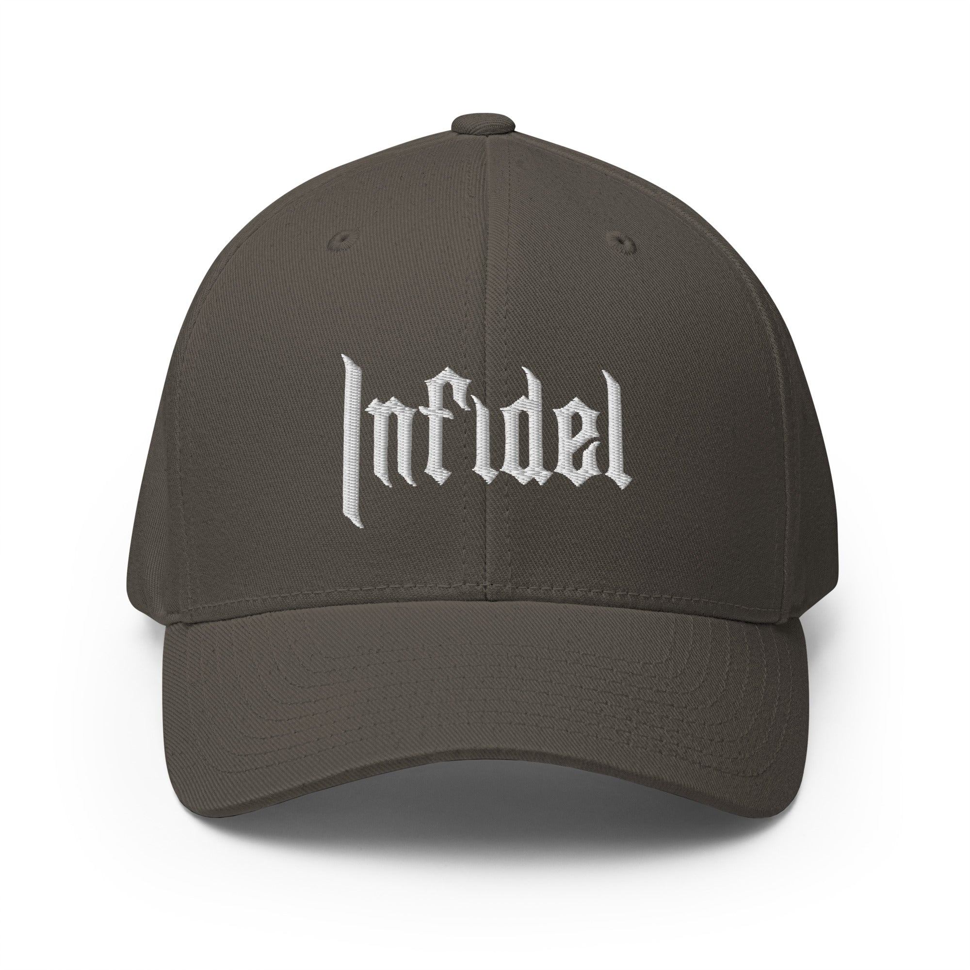 Dark gray cap with 'Infidel' text on a white background