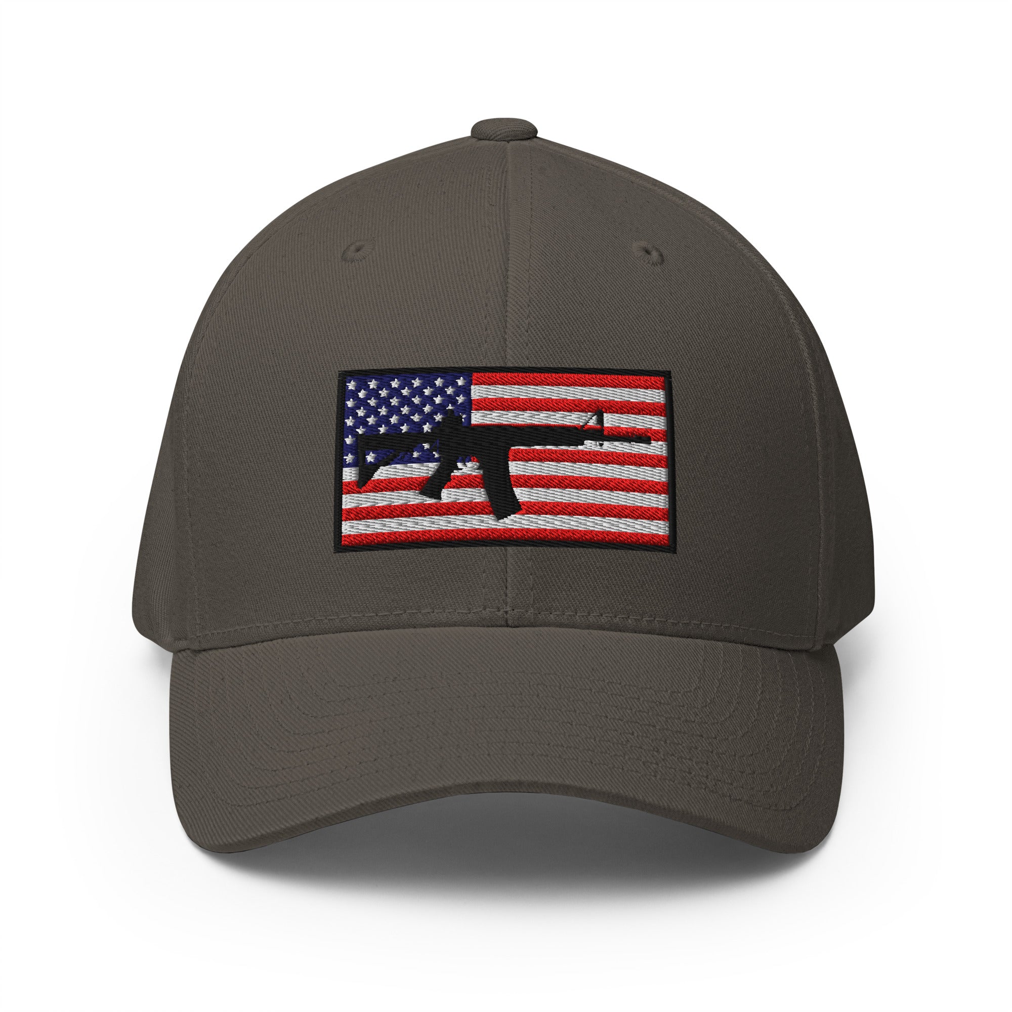 Dark gray cap with American flag and gun graphic on a white background
