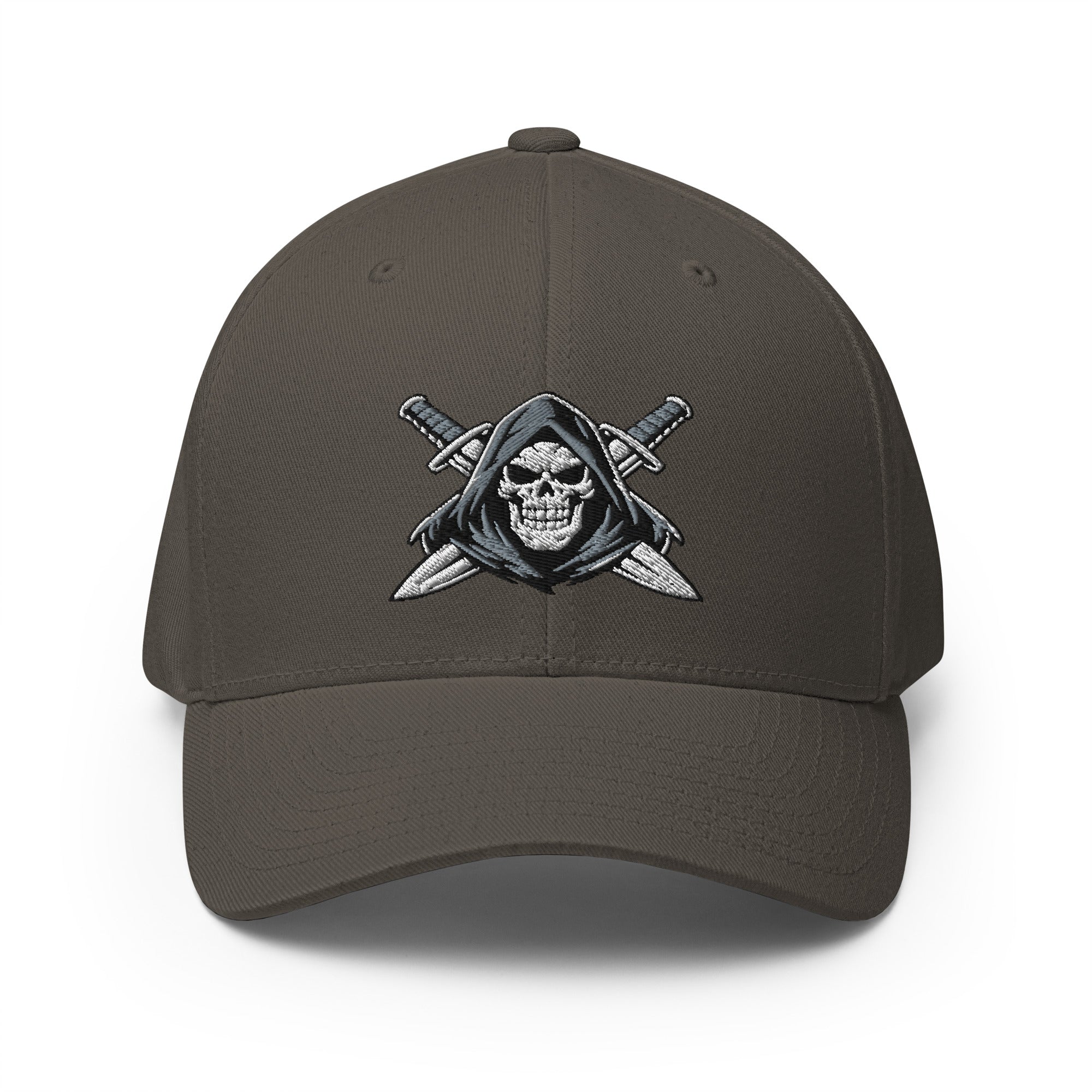 Dark gray cap with a skull and crossed swords emblem on a white background