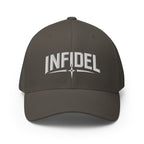 Dark gray cap with 'INFIDEL' text on a white background