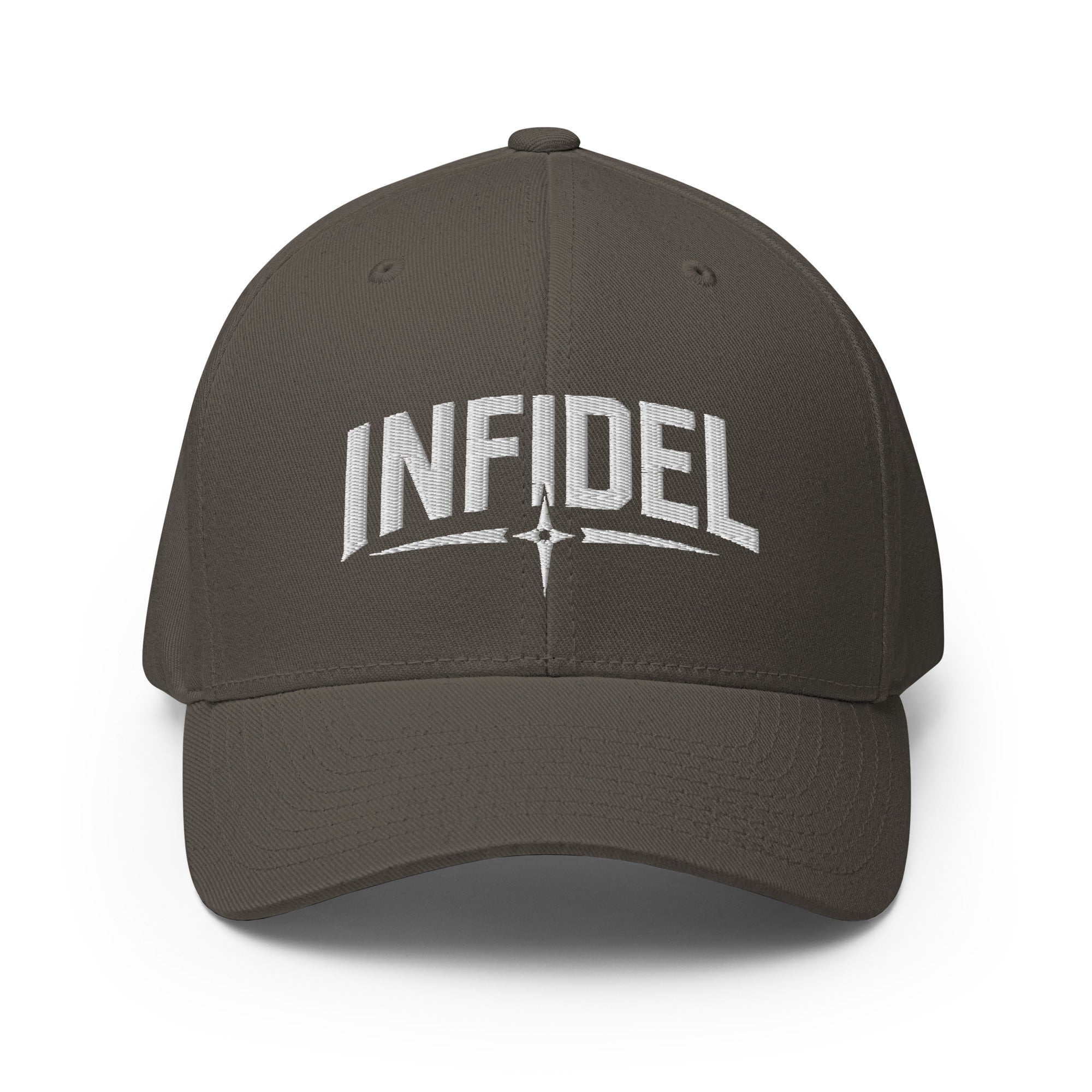 Dark gray cap with 'INFIDEL' text on a white background