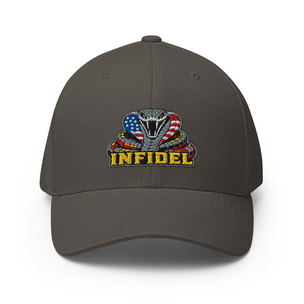 Front view of dark grey Infidel USA Flag Cobra Flexfit hat