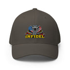 Front view of dark grey Infidel USA Flag Cobra Flexfit hat