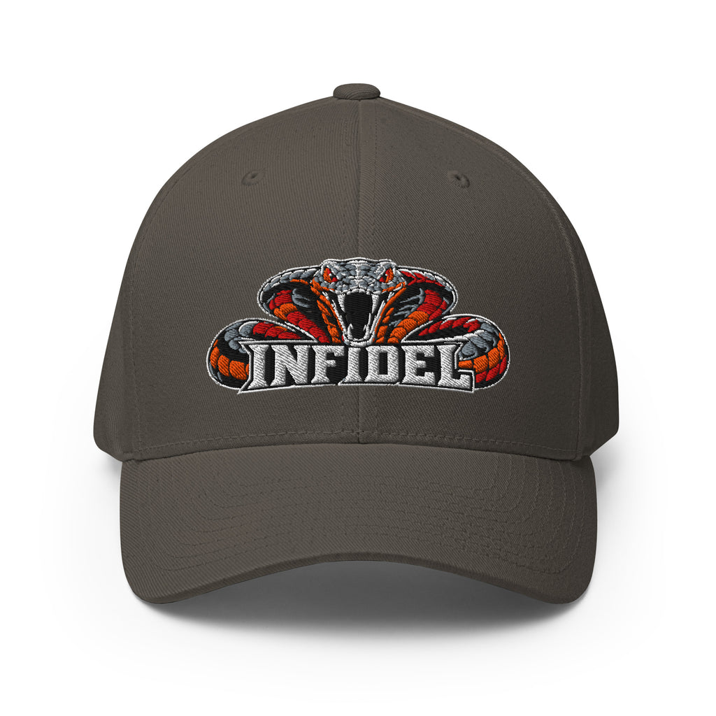 Front view of dark grey Infidel Cobra King Flexfit hat