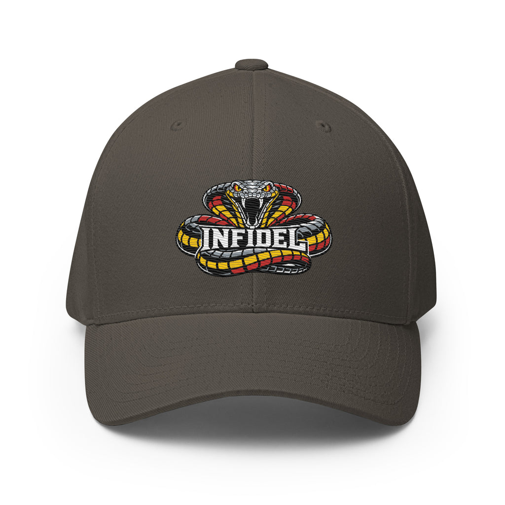 Front view of dark grey Infidel Coiled Cobra Flexfit hat