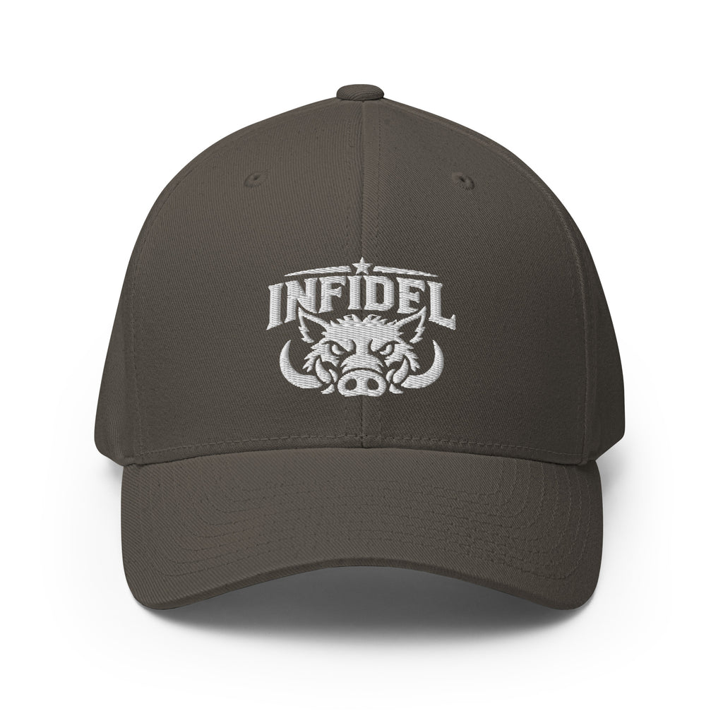 Front view of dark grey Infidel War Pig Flexfit hat