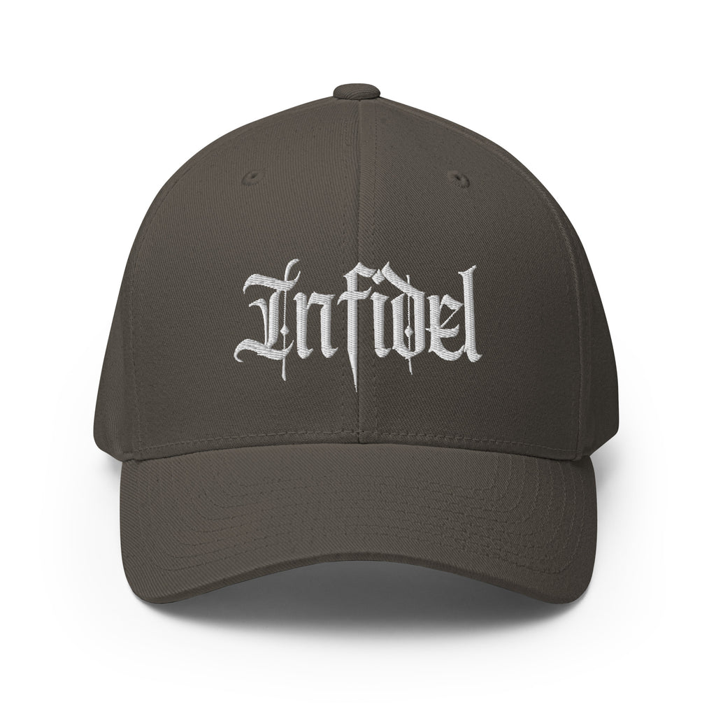 Front view of dark grey Infidel Script Flexfit hat