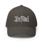 Front view of dark grey Infidel Script Flexfit hat