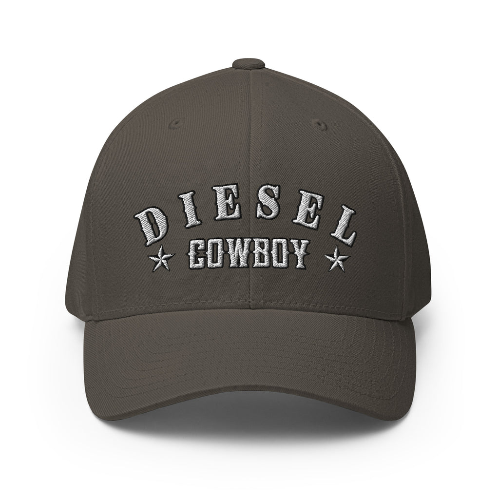 Dark Grey structured Flexfit cap with embroidered Diesel Cowboy front design, front view