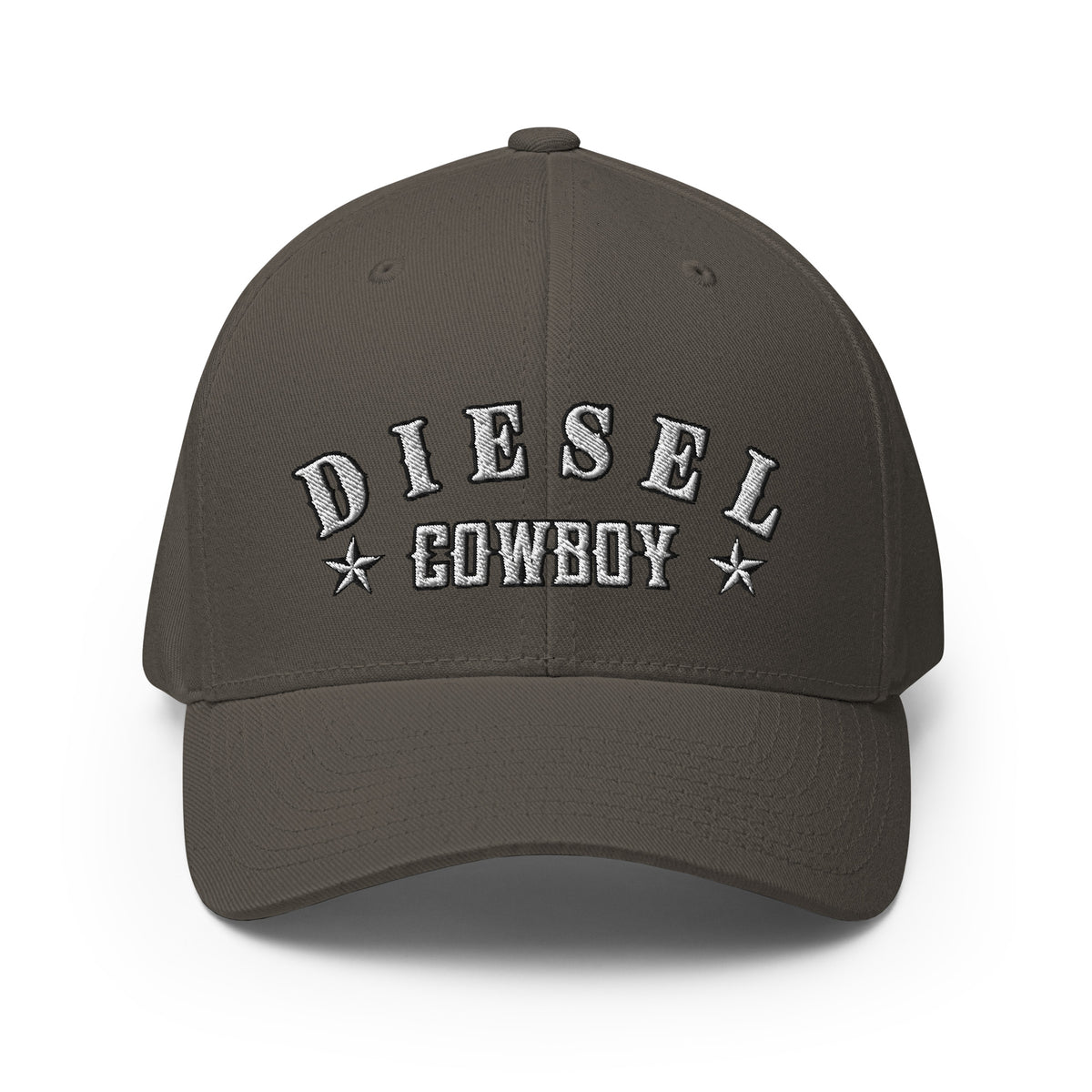 Dark Grey structured Flexfit cap with embroidered Diesel Cowboy front design, front view