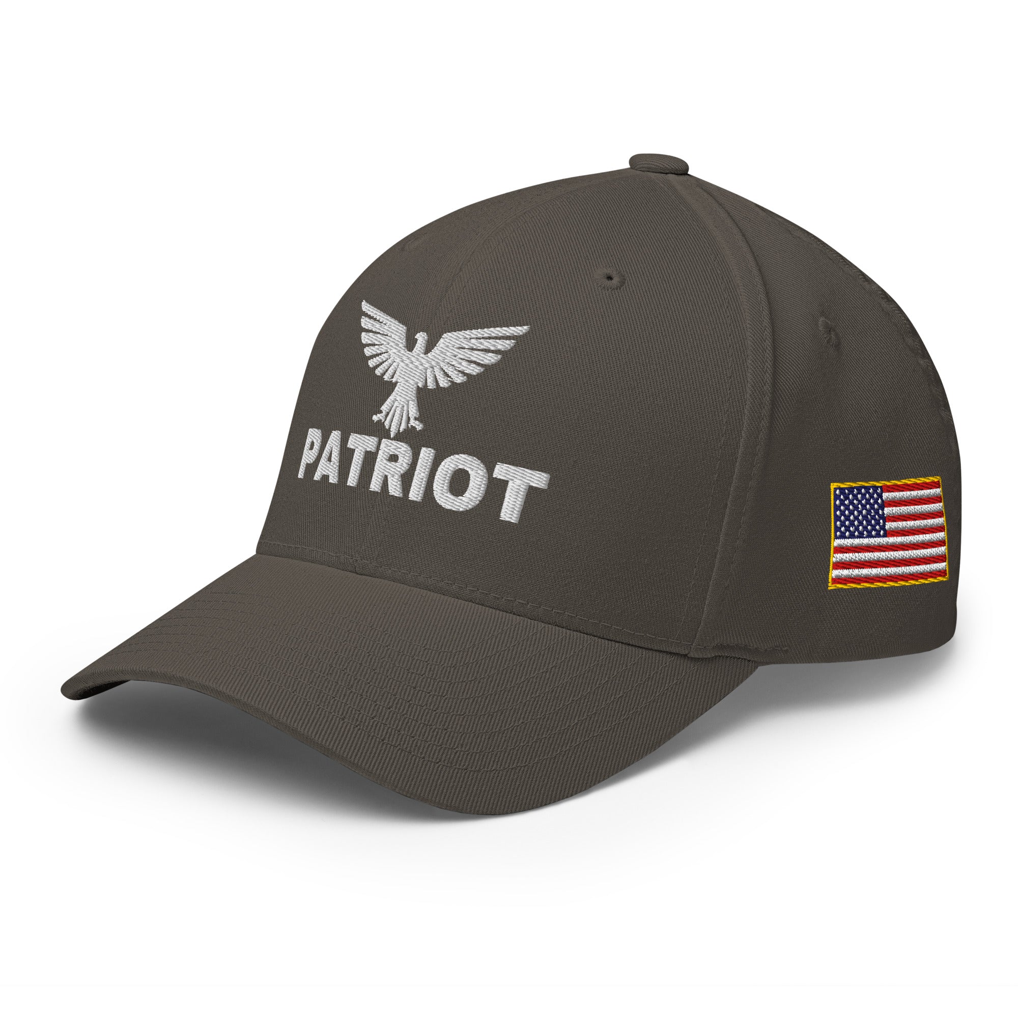 Dark gray cap with 'Patriot' logo and American flag on a white background