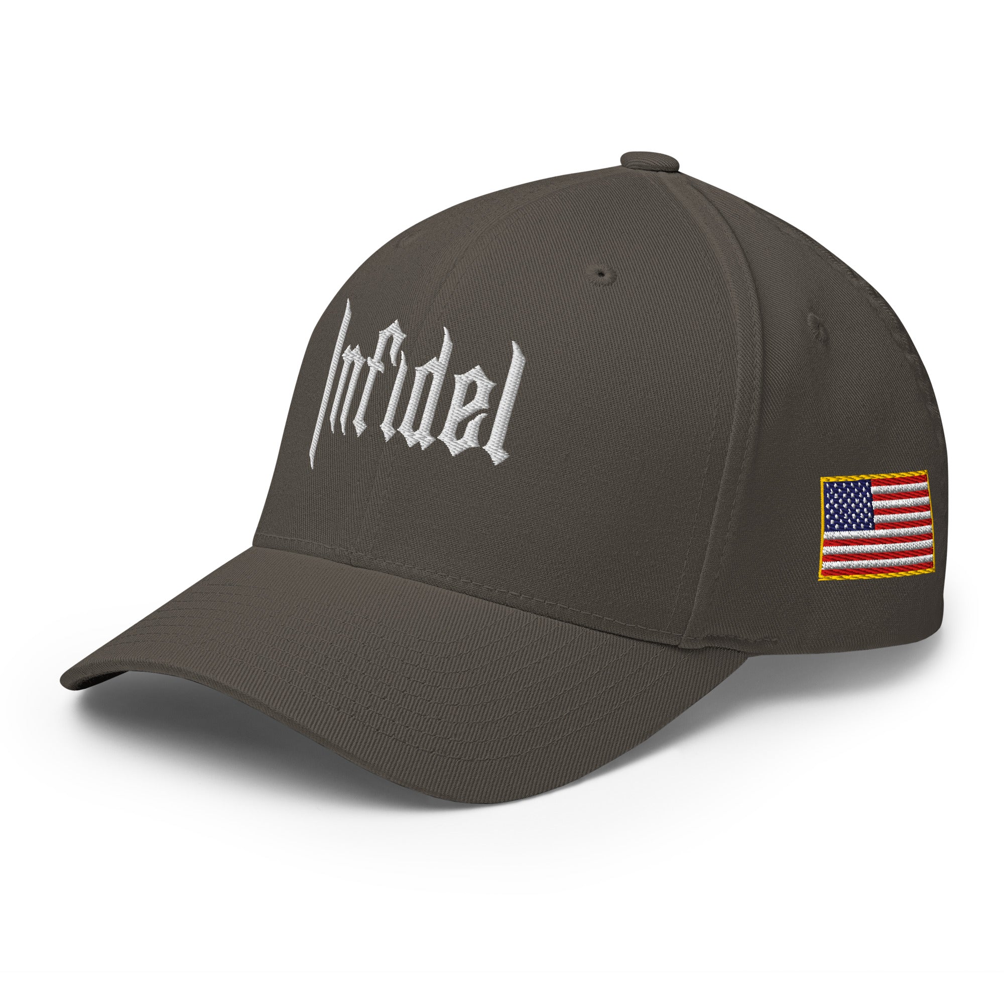 Dark gray cap with 'infidel' logo on a white background