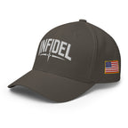 Dark gray cap with 'INFIDEL' text and American flag patch on a white background