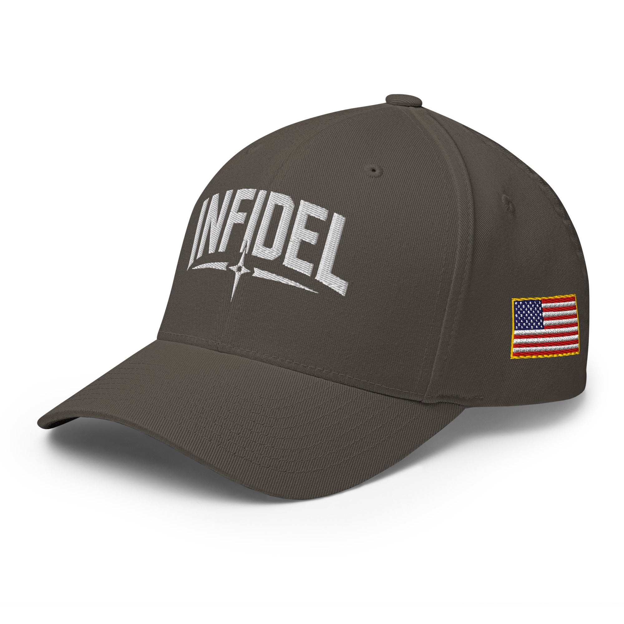 Dark gray cap with 'INFIDEL' text and American flag patch on a white background