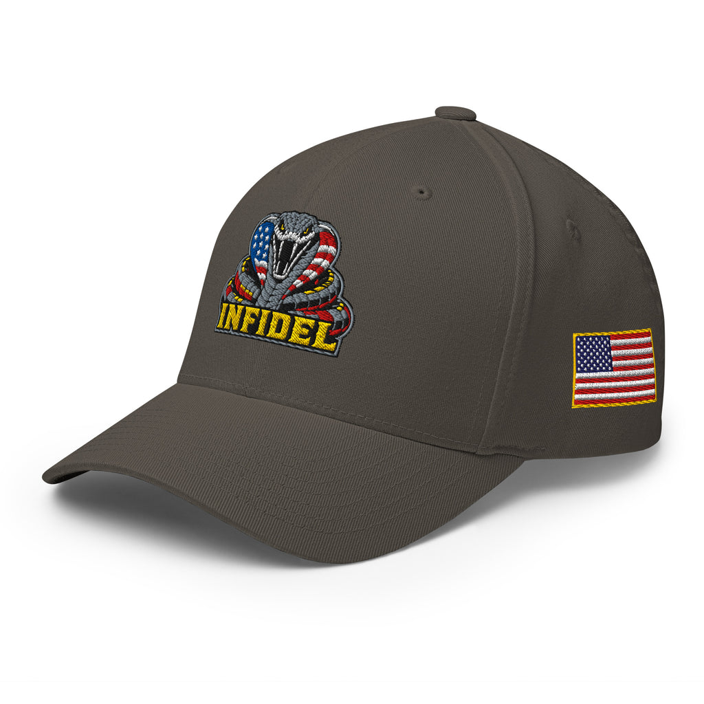Left-front view of dark grey Infidel USA Flag Cobra Flexfit hat