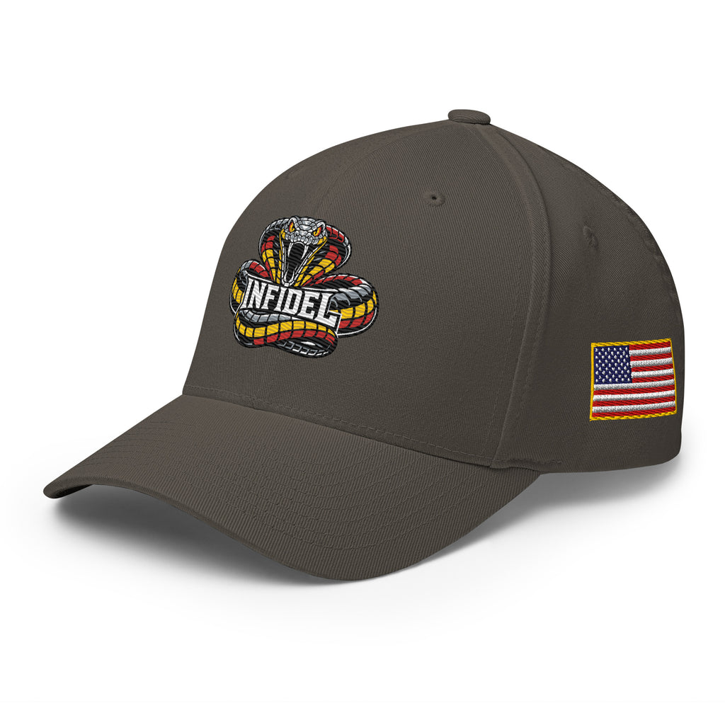 Left-front view of dark grey Infidel Coiled Cobra Flexfit hat