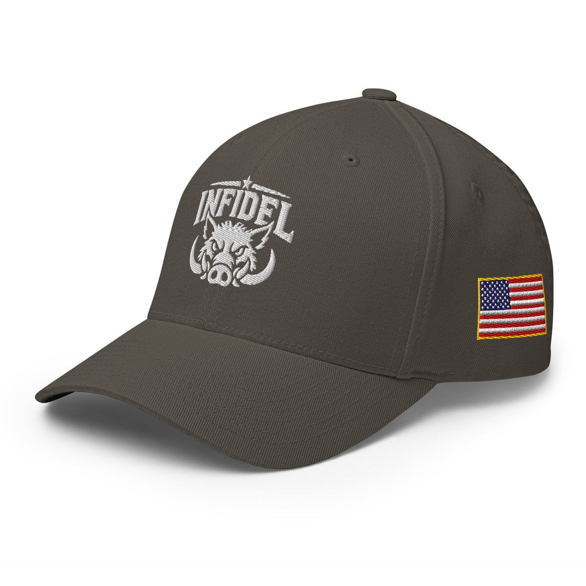Left-front view of dark grey Infidel War Pig Flexfit hat