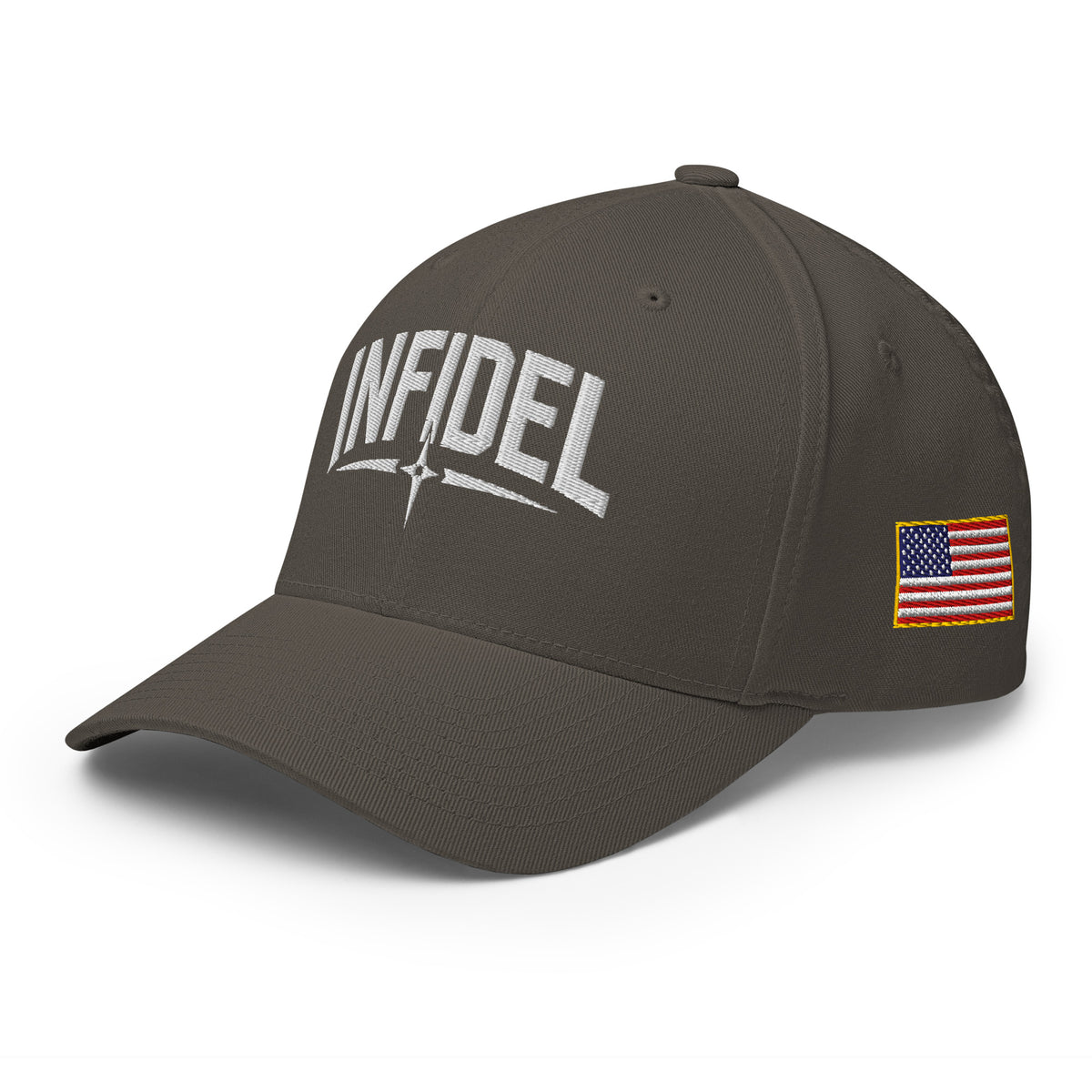 Left-front view of dark grey Infidel Spike Flexfit hat