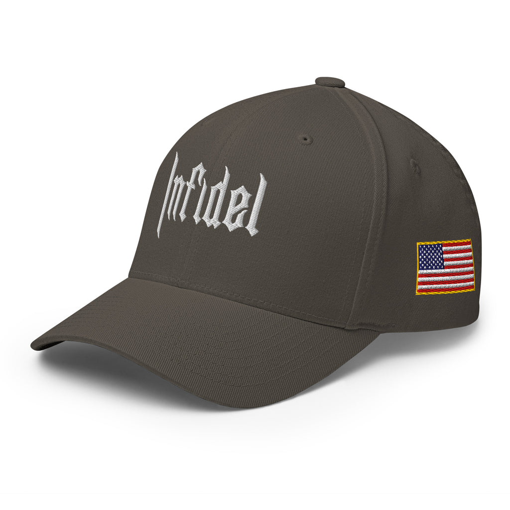 Left-front view of dark grey OG Infidel Flexfit hat