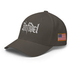 Left-front view of dark grey Infidel Script Flexfit hat