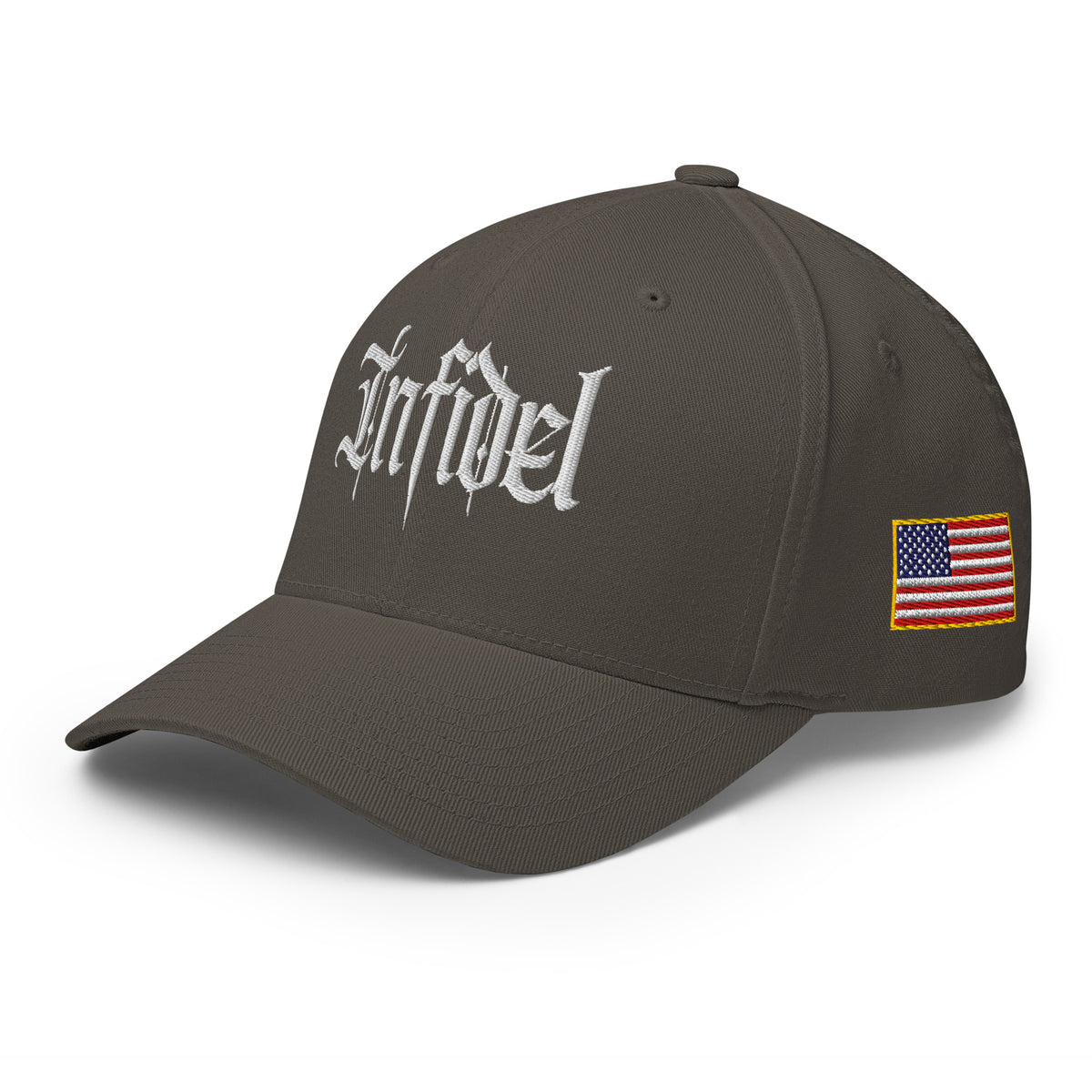 Left-front view of dark grey Infidel Script Flexfit hat