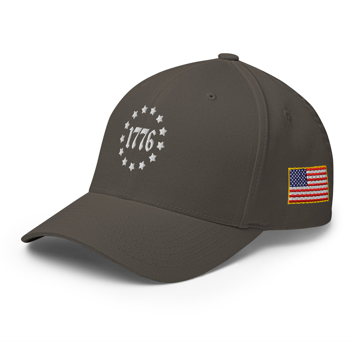 Left-front view of dark grey 1776 Betsy Ross Stars Flexfit hat